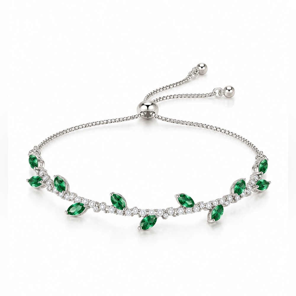 Green Leaf Silver Bracelet - Elegant Women's Jewelry